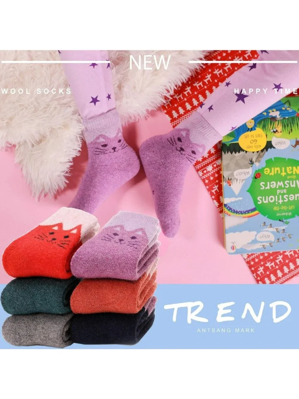 Cozy Kids Merino Wool Hiking Socks - 6 Pairs, Moisture-Wicking, Thermal, Full